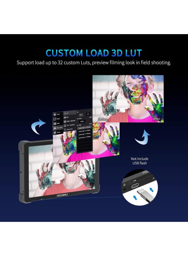 FEELWORLD T10 10.1 Inch Aluminium Camera Field DSLR Monitor Touchscreen Waveform HDR 3D LUT Out F970 Install and Power Kit - Image 4